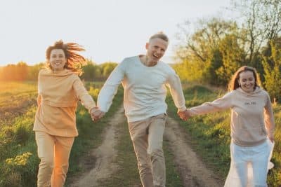 Friends skipping together